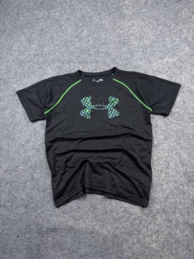Pre-Loved Under Armour HeatGear Graphic Performance T-Shirt - Charcoal Grey | Size XS (Tag Youth Large)