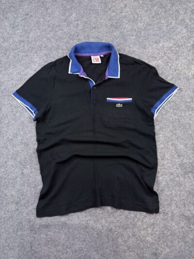 Pre-Loved Lacoste L!VE Colorblock Pocket Polo Shirt - Black / Blue | Size Women's M