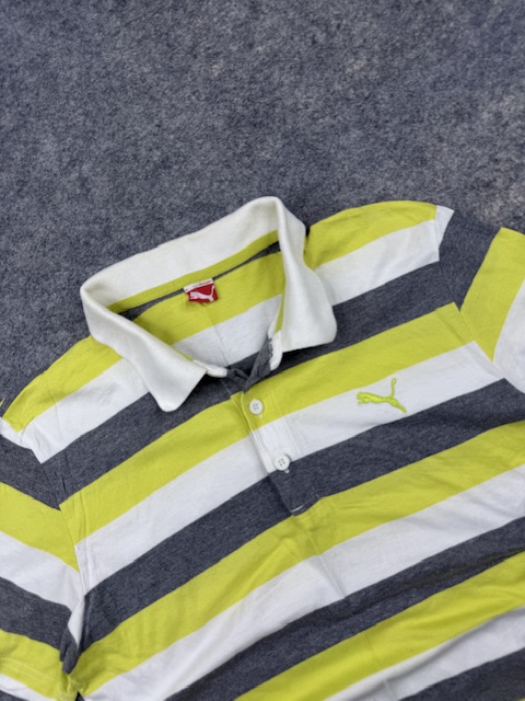 Pre-Loved Puma Sportlifestyle Striped Polo Shirt - Neon Yellow / Grey / White | Size Women's M Pre-Loved Puma Sportlifestyle Striped Polo Shirt - Neon Yellow / Grey / White | Size Women's M - Image 2