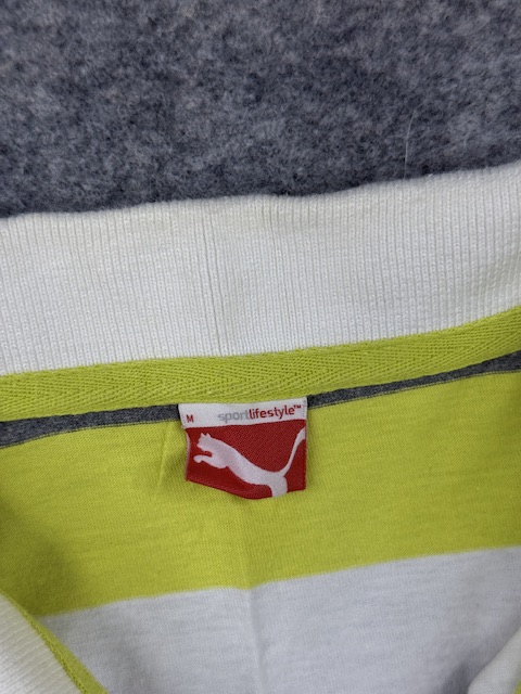 Pre-Loved Puma Sportlifestyle Striped Polo Shirt - Neon Yellow / Grey / White | Size Women's M Pre-Loved Puma Sportlifestyle Striped Polo Shirt - Neon Yellow / Grey / White | Size Women's M - Image 3