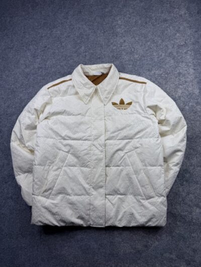 Pre-Loved Adidas Originals Trefoil Monogram Puffer Jacket - Off-White / Gold | Size L
