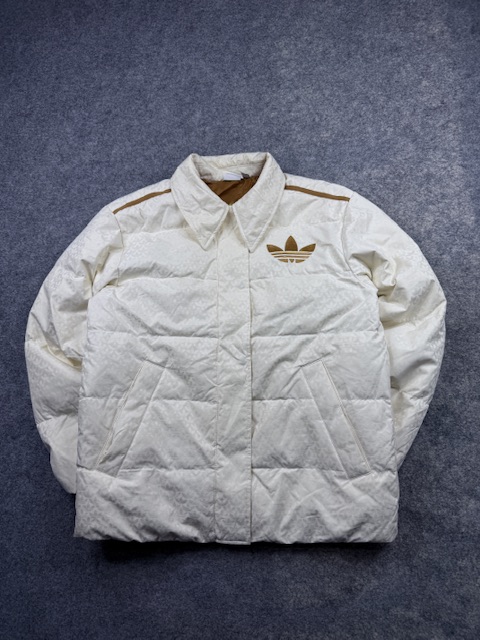 Pre-Loved Adidas Originals Trefoil Monogram Puffer Jacket - Off-White / Gold | Size L Pre-Loved Adidas Originals Trefoil Monogram Puffer Jacket - Off-White / Gold | Size L