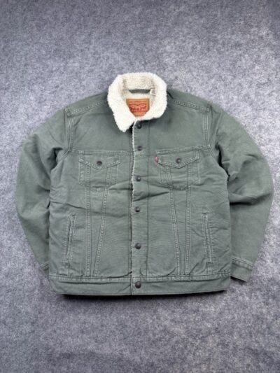 Pre-Loved Levi Strauss & Co. Sherpa-Lined Denim / Canvas Trucker Jacket - Sage Green / Olive | Size M