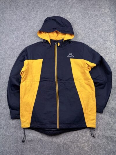Pre-Loved Kappa Colorblock Hooded Windbreaker / Rain Shell Jacket - Navy Blue & Yellow | Size L