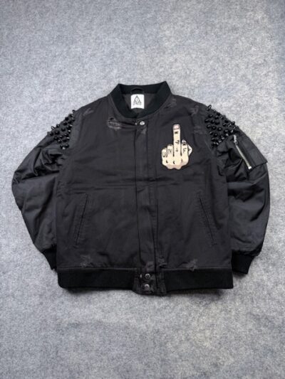 UNIF Grunge Spike-Studded Shoulder Bomber Jacket with Graphic Patch - Jet Black | Size M/L