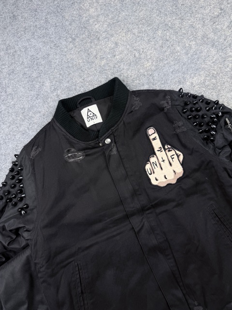UNIF Grunge Spike-Studded Shoulder Bomber Jacket with Graphic Patch - Jet Black | Size M/L UNIF Grunge Spike-Studded Shoulder Bomber Jacket with Graphic Patch - Jet Black | Size M/L - Image 2