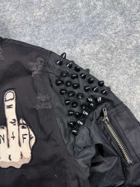 UNIF Grunge Spike-Studded Shoulder Bomber Jacket with Graphic Patch - Jet Black | Size M/L UNIF Grunge Spike-Studded Shoulder Bomber Jacket with Graphic Patch - Jet Black | Size M/L - Image 3