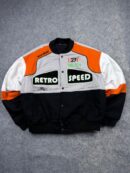 Zara Oversized Retro Speed Racing Track & Field Bomber Jacket - Grey, Orange, White & Black | Size L/XL