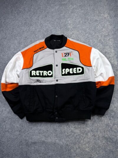Zara Oversized Retro Speed Racing Track & Field Bomber Jacket - Grey, Orange, White & Black | Size L/XL