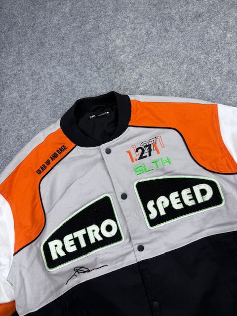 Zara Oversized Retro Speed Racing Track & Field Bomber Jacket - Grey, Orange, White & Black | Size L/XL Zara Oversized Retro Speed Racing Track & Field Bomber Jacket - Grey, Orange, White & Black | Size L/XL - Image 2