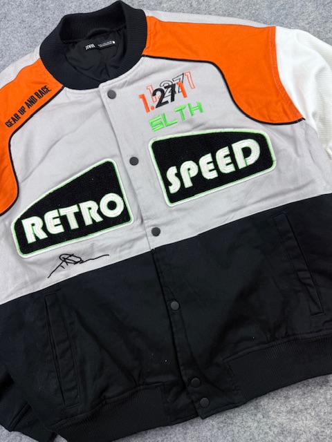 Zara Oversized Retro Speed Racing Track & Field Bomber Jacket - Grey, Orange, White & Black | Size L/XL Zara Oversized Retro Speed Racing Track & Field Bomber Jacket - Grey, Orange, White & Black | Size L/XL - Image 3