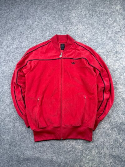 Vintage Adidas Originals Velour Track Jacket / Bomber with Contrast Piping - Bright Red & Black | Size S/M