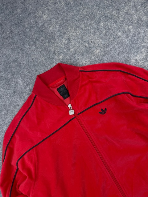 Vintage Adidas Originals Velour Track Jacket / Bomber with Contrast Piping - Bright Red & Black | Size S/M Vintage Adidas Originals Velour Track Jacket / Bomber with Contrast Piping - Bright Red & Black | Size S/M - Image 2