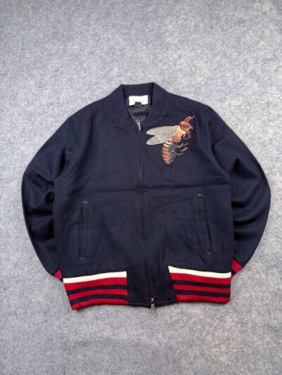 Gucci Luxury Embroidered Bee Wool-Blend Bomber Jacket with Web Rib Trim - Dark Navy Blue | Size L