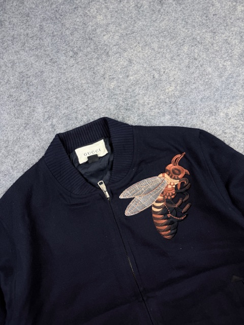 Gucci Luxury Embroidered Bee Wool-Blend Bomber Jacket with Web Rib Trim - Dark Navy Blue | Size L Gucci Luxury Embroidered Bee Wool-Blend Bomber Jacket with Web Rib Trim - Dark Navy Blue | Size L - Image 2