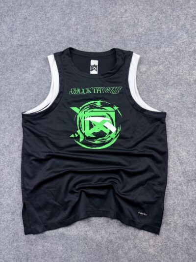 "Shock The Game" Athletic Layered Basketball Jersey Tank Top - Black & Neon Green | Size L