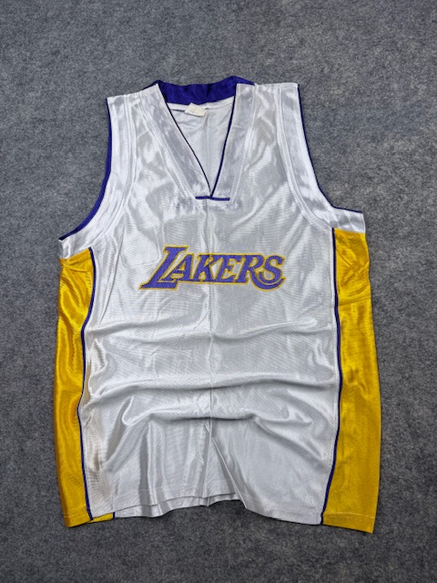Pre-Loved Vintage Los Angeles Lakers Glossy Basketball Jersey Tank Top - White / Gold & Purple | Size M Pre-Loved Vintage Los Angeles Lakers Glossy Basketball Jersey Tank Top - White / Gold & Purple | Size M