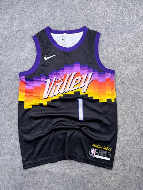 Nike NBA Phoenix Suns Devin Booker #1 "The Valley" City Edition Swingman Basketball Jersey - Black & Pixelated Sunset | Size M Nike NBA Phoenix Suns Devin Booker #1 "The Valley" City Edition Swingman Basketball Jersey - Black & Pixelated Sunset | Size M