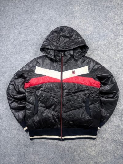 Vintage K-Swiss Hooded Quilted Down Puffer Jacket with Colorblock Stripe - Black, White & Red | Size M Women's