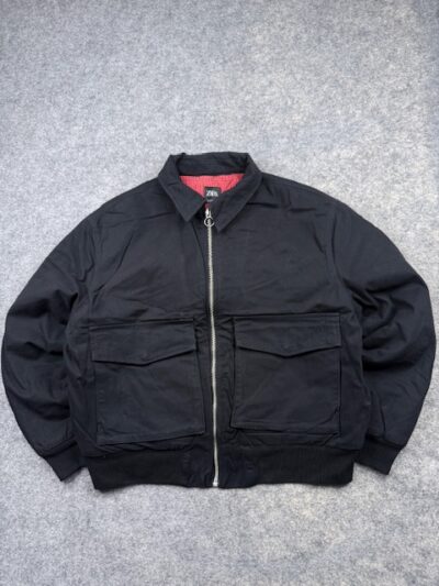 Zara Men's Utility Bomber Jacket with Red Tartan Plaid Lining - Black | Size XL