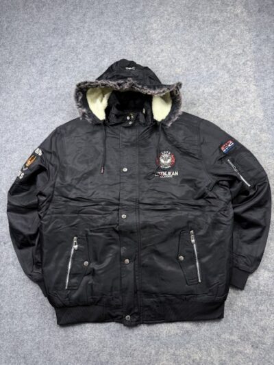 Leduntino Classic Fur-Trim Hooded Sherpa-Lined Winter Bomber Jacket - Black | Size XXL
