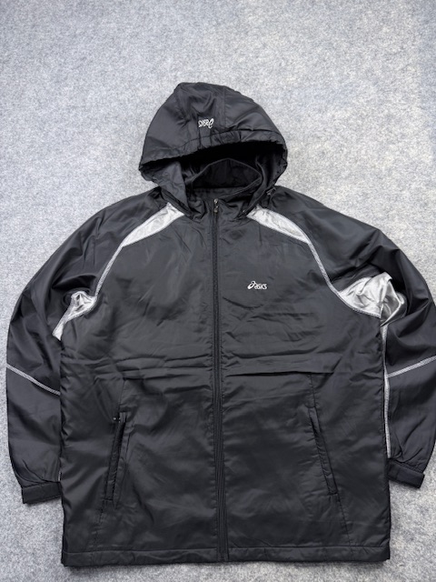 Asics Vintage Tech Hooded Winter Windbreaker Parka Jacket - Black & Silver | Size XXL Asics Vintage Tech Hooded Winter Windbreaker Parka Jacket - Black & Silver | Size XXL